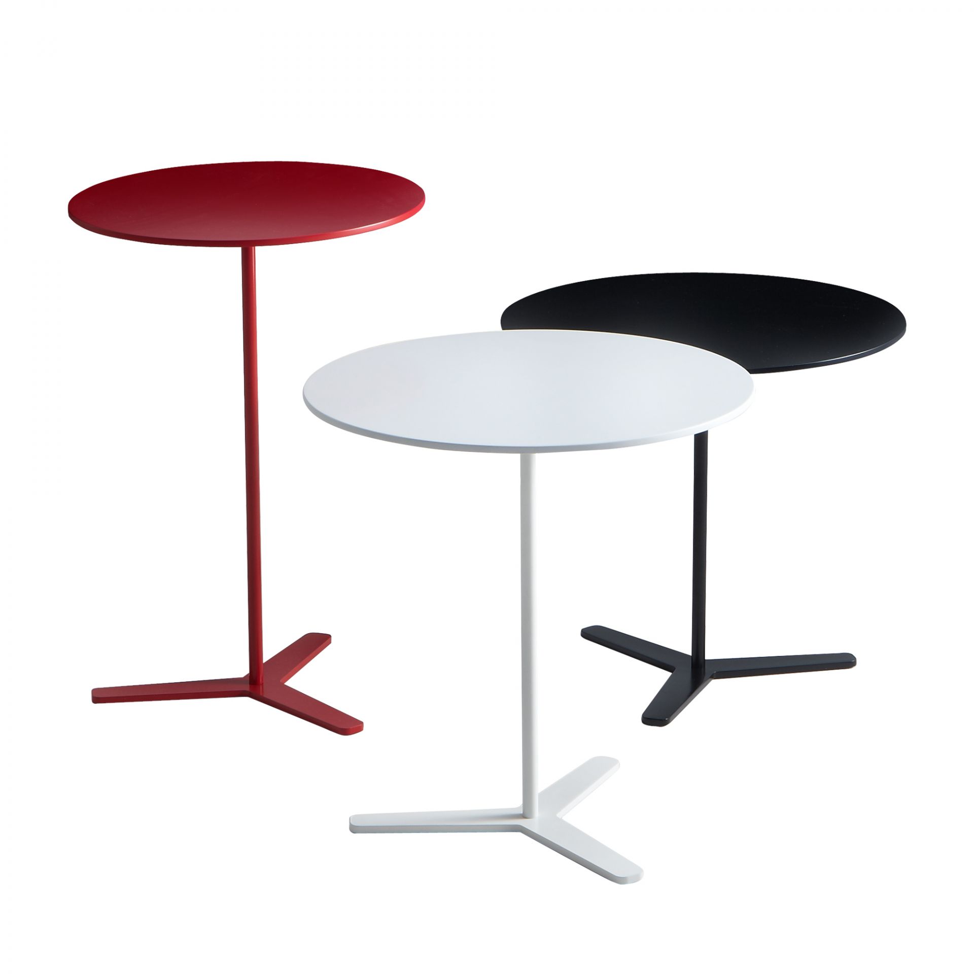 Tre Beistelltisch Mox in Rot, Weiß und Schwarz mit runder Tischplatte und Dreifuß.